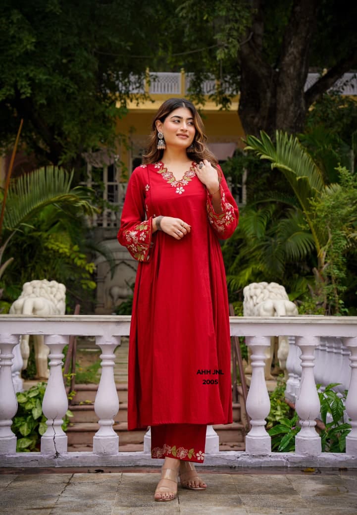 Olive Green Chanderi Silk Flared Anarkali Suit Set
